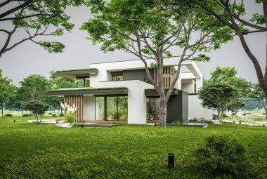 Park yeri ve havuzu satılık olan üç katlı bir ev. Ya da beton dış görünüş ve güzel peyzaj ile kiralanmış. Bulutlu beyaz gökyüzü bulutlu, yumuşak gölgeler