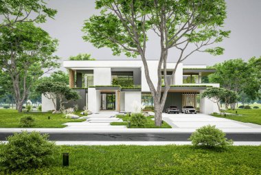 Park yeri ve havuzu satılık olan üç katlı bir ev. Ya da beton dış görünüş ve güzel peyzaj ile kiralanmış. Bulutlu beyaz gökyüzü bulutlu, yumuşak gölgeler