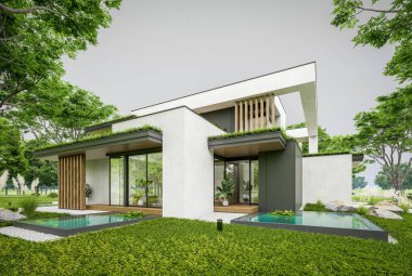 Park yeri ve havuzu satılık olan üç katlı bir ev. Ya da beton dış görünüş ve güzel peyzaj ile kiralanmış. Bulutlu beyaz gökyüzü bulutlu, yumuşak gölgeler