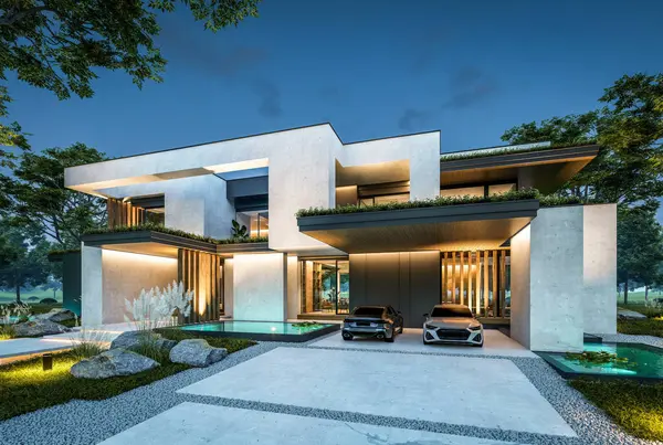 Park yeri ve havuzu satılık olan üç katlı bir ev. Ya da beton dış görünüş ve güzel peyzaj ile kiralanmış. Gökyüzünde bir sürü yıldızla berrak bir yaz gecesi