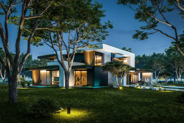 Park yeri ve havuzu satılık olan üç katlı bir ev. Ya da beton dış görünüş ve güzel peyzaj ile kiralanmış. Gökyüzünde bir sürü yıldızla berrak bir yaz gecesi