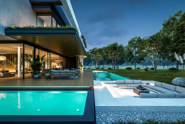 Park yeri ve havuzu satılık olan üç katlı bir ev. Ya da beton dış görünüş ve güzel peyzaj ile kiralanmış. Gökyüzünde bir sürü yıldızla berrak bir yaz gecesi