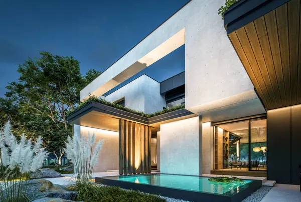 Park yeri ve havuzu satılık olan üç katlı bir ev. Ya da beton dış görünüş ve güzel peyzaj ile kiralanmış. Gökyüzünde bir sürü yıldızla berrak bir yaz gecesi