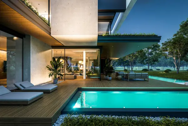 Park yeri ve havuzu satılık olan üç katlı bir ev. Ya da beton dış görünüş ve güzel peyzaj ile kiralanmış. Gökyüzünde bir sürü yıldızla berrak bir yaz gecesi