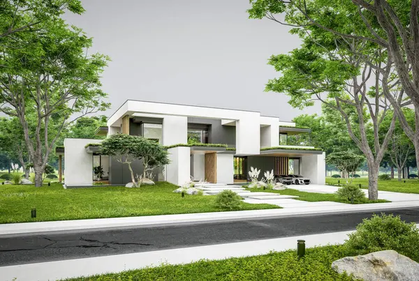 Park yeri ve havuzu satılık olan üç katlı bir ev. Ya da beton dış görünüş ve güzel peyzaj ile kiralanmış. Bulutlu beyaz gökyüzü bulutlu, yumuşak gölgeler