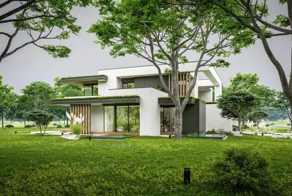 Park yeri ve havuzu satılık olan üç katlı bir ev. Ya da beton dış görünüş ve güzel peyzaj ile kiralanmış. Bulutlu beyaz gökyüzü bulutlu, yumuşak gölgeler