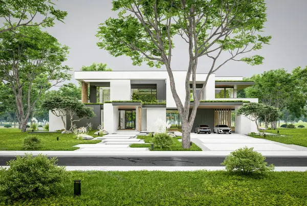 Park yeri ve havuzu satılık olan üç katlı bir ev. Ya da beton dış görünüş ve güzel peyzaj ile kiralanmış. Bulutlu beyaz gökyüzü bulutlu, yumuşak gölgeler