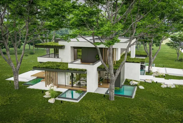 Park yeri ve havuzu satılık olan üç katlı bir ev. Ya da beton dış görünüş ve güzel peyzaj ile kiralanmış. Bulutlu beyaz gökyüzü bulutlu, yumuşak gölgeler