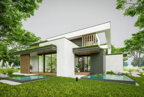 Park yeri ve havuzu satılık olan üç katlı bir ev. Ya da beton dış görünüş ve güzel peyzaj ile kiralanmış. Bulutlu beyaz gökyüzü bulutlu, yumuşak gölgeler