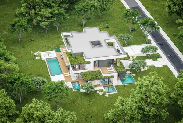 Park yeri ve havuzu satılık olan üç katlı bir ev. Ya da beton dış görünüş ve güzel peyzaj ile kiralanmış. Bulutlu beyaz gökyüzü bulutlu, yumuşak gölgeler