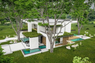 Park yeri ve havuzu satılık olan üç katlı bir ev. Ya da beton dış görünüş ve güzel peyzaj ile kiralanmış. Bulutlu beyaz gökyüzü bulutlu, yumuşak gölgeler