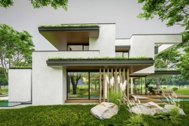 Park yeri ve havuzu satılık olan üç katlı bir ev. Ya da beton dış görünüş ve güzel peyzaj ile kiralanmış. Bulutlu beyaz gökyüzü bulutlu, yumuşak gölgeler