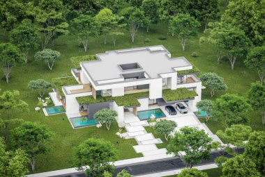 Park yeri ve havuzu satılık olan üç katlı bir ev. Ya da beton dış görünüş ve güzel peyzaj ile kiralanmış. Bulutlu beyaz gökyüzü bulutlu, yumuşak gölgeler