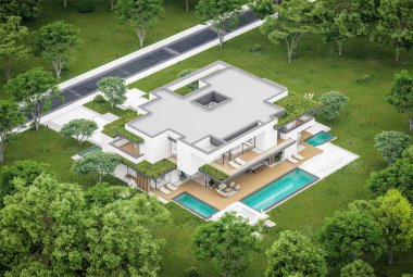 Park yeri ve havuzu satılık olan üç katlı bir ev. Ya da beton dış görünüş ve güzel peyzaj ile kiralanmış. Bulutlu beyaz gökyüzü bulutlu, yumuşak gölgeler