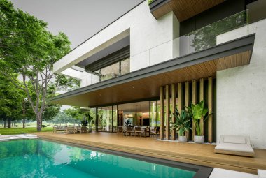 Park yeri ve havuzu satılık olan üç katlı bir ev. Ya da beton dış görünüş ve güzel peyzaj ile kiralanmış. Bulutlu beyaz gökyüzü bulutlu, yumuşak gölgeler