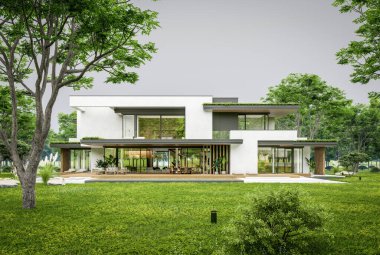 Park yeri ve havuzu satılık olan üç katlı bir ev. Ya da beton dış görünüş ve güzel peyzaj ile kiralanmış. Bulutlu beyaz gökyüzü bulutlu, yumuşak gölgeler