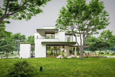 Park yeri ve havuzu satılık olan üç katlı bir ev. Ya da beton dış görünüş ve güzel peyzaj ile kiralanmış. Bulutlu beyaz gökyüzü bulutlu, yumuşak gölgeler