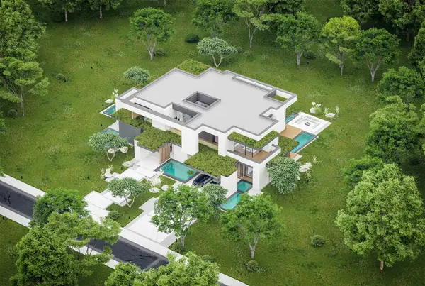 Park yeri ve havuzu satılık olan üç katlı bir ev. Ya da beton dış görünüş ve güzel peyzaj ile kiralanmış. Bulutlu beyaz gökyüzü bulutlu, yumuşak gölgeler