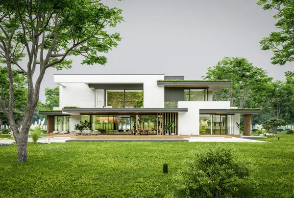 Park yeri ve havuzu satılık olan üç katlı bir ev. Ya da beton dış görünüş ve güzel peyzaj ile kiralanmış. Bulutlu beyaz gökyüzü bulutlu, yumuşak gölgeler