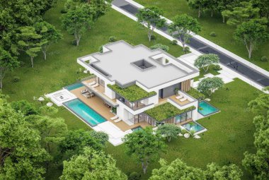 Park yeri ve havuzu satılık olan üç katlı bir ev. Ya da beton dış görünüş ve güzel peyzaj ile kiralanmış. Bulutlu beyaz gökyüzü bulutlu, yumuşak gölgeler