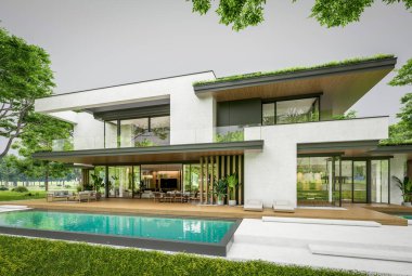 Park yeri ve havuzu satılık olan üç katlı bir ev. Ya da beton dış görünüş ve güzel peyzaj ile kiralanmış. Bulutlu beyaz gökyüzü bulutlu, yumuşak gölgeler