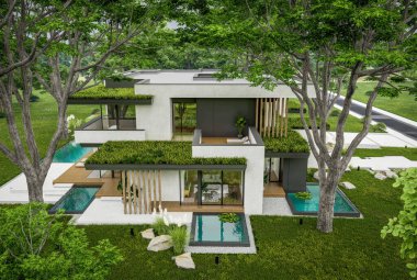 Park yeri ve havuzu satılık olan üç katlı bir ev. Ya da beton dış görünüş ve güzel peyzaj ile kiralanmış. Bulutlu beyaz gökyüzü bulutlu, yumuşak gölgeler