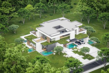 Park yeri ve havuzu satılık olan üç katlı bir ev. Ya da beton dış görünüş ve güzel peyzaj ile kiralanmış. Bulutlu beyaz gökyüzü bulutlu, yumuşak gölgeler