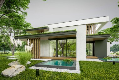 Park yeri ve havuzu satılık olan üç katlı bir ev. Ya da beton dış görünüş ve güzel peyzaj ile kiralanmış. Bulutlu beyaz gökyüzü bulutlu, yumuşak gölgeler