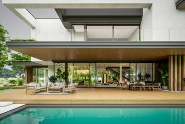 Park yeri ve havuzu satılık olan üç katlı bir ev. Ya da beton dış görünüş ve güzel peyzaj ile kiralanmış. Bulutlu beyaz gökyüzü bulutlu, yumuşak gölgeler