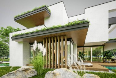 Park yeri ve havuzu satılık olan üç katlı bir ev. Ya da beton dış görünüş ve güzel peyzaj ile kiralanmış. Bulutlu beyaz gökyüzü bulutlu, yumuşak gölgeler