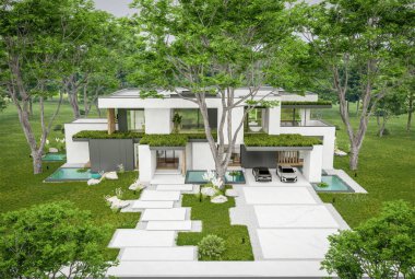 Park yeri ve havuzu satılık olan üç katlı bir ev. Ya da beton dış görünüş ve güzel peyzaj ile kiralanmış. Bulutlu beyaz gökyüzü bulutlu, yumuşak gölgeler