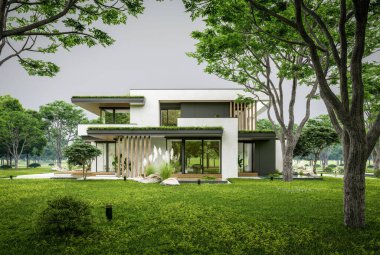 Park yeri ve havuzu satılık olan üç katlı bir ev. Ya da beton dış görünüş ve güzel peyzaj ile kiralanmış. Bulutlu beyaz gökyüzü bulutlu, yumuşak gölgeler