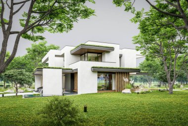 Park yeri ve havuzu satılık olan üç katlı bir ev. Ya da beton dış görünüş ve güzel peyzaj ile kiralanmış. Bulutlu beyaz gökyüzü bulutlu, yumuşak gölgeler