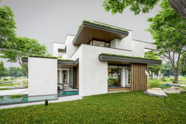 Park yeri ve havuzu satılık olan üç katlı bir ev. Ya da beton dış görünüş ve güzel peyzaj ile kiralanmış. Bulutlu beyaz gökyüzü bulutlu, yumuşak gölgeler