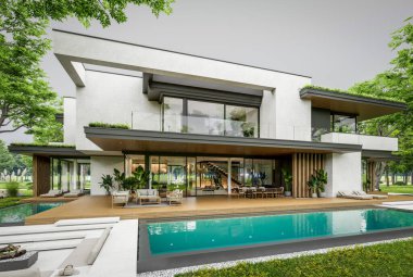 Park yeri ve havuzu satılık olan üç katlı bir ev. Ya da beton dış görünüş ve güzel peyzaj ile kiralanmış. Bulutlu beyaz gökyüzü bulutlu, yumuşak gölgeler