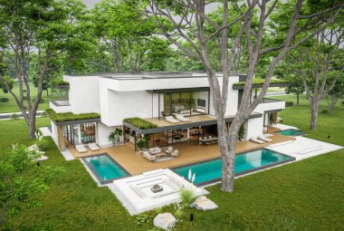 Park yeri ve havuzu satılık olan üç katlı bir ev. Ya da beton dış görünüş ve güzel peyzaj ile kiralanmış. Bulutlu beyaz gökyüzü bulutlu, yumuşak gölgeler