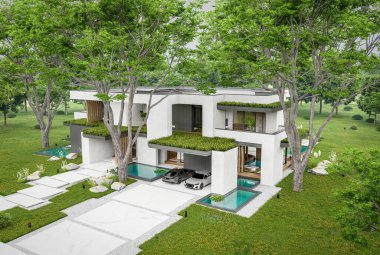 Park yeri ve havuzu satılık olan üç katlı bir ev. Ya da beton dış görünüş ve güzel peyzaj ile kiralanmış. Bulutlu beyaz gökyüzü bulutlu, yumuşak gölgeler