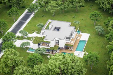 Park yeri ve havuzu satılık olan üç katlı bir ev. Ya da beton dış görünüş ve güzel peyzaj ile kiralanmış. Bulutlu beyaz gökyüzü bulutlu, yumuşak gölgeler