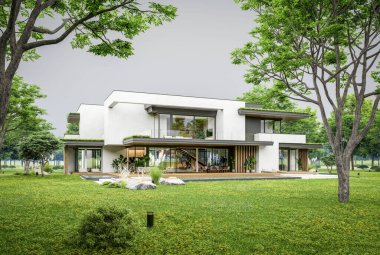 Park yeri ve havuzu satılık olan üç katlı bir ev. Ya da beton dış görünüş ve güzel peyzaj ile kiralanmış. Bulutlu beyaz gökyüzü bulutlu, yumuşak gölgeler