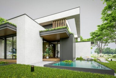 Park yeri ve havuzu satılık olan üç katlı bir ev. Ya da beton dış görünüş ve güzel peyzaj ile kiralanmış. Bulutlu beyaz gökyüzü bulutlu, yumuşak gölgeler