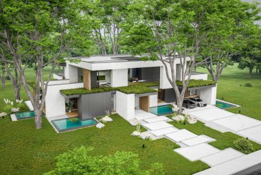 Park yeri ve havuzu satılık olan üç katlı bir ev. Ya da beton dış görünüş ve güzel peyzaj ile kiralanmış. Bulutlu beyaz gökyüzü bulutlu, yumuşak gölgeler