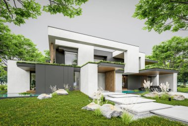 Park yeri ve havuzu satılık olan üç katlı bir ev. Ya da beton dış görünüş ve güzel peyzaj ile kiralanmış. Bulutlu beyaz gökyüzü bulutlu, yumuşak gölgeler