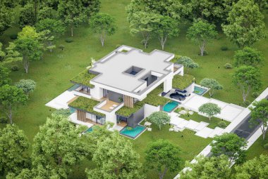 Park yeri ve havuzu satılık olan üç katlı bir ev. Ya da beton dış görünüş ve güzel peyzaj ile kiralanmış. Bulutlu beyaz gökyüzü bulutlu, yumuşak gölgeler