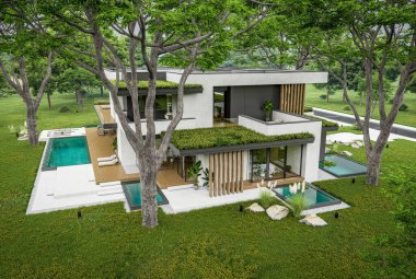 Park yeri ve havuzu satılık olan üç katlı bir ev. Ya da beton dış görünüş ve güzel peyzaj ile kiralanmış. Bulutlu beyaz gökyüzü bulutlu, yumuşak gölgeler