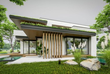 Park yeri ve havuzu satılık olan üç katlı bir ev. Ya da beton dış görünüş ve güzel peyzaj ile kiralanmış. Bulutlu beyaz gökyüzü bulutlu, yumuşak gölgeler