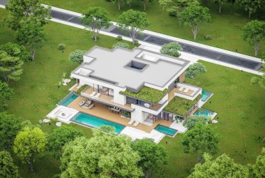 Park yeri ve havuzu satılık olan üç katlı bir ev. Ya da beton dış görünüş ve güzel peyzaj ile kiralanmış. Bulutlu beyaz gökyüzü bulutlu, yumuşak gölgeler