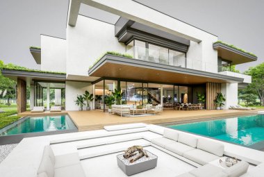 Park yeri ve havuzu satılık olan üç katlı bir ev. Ya da beton dış görünüş ve güzel peyzaj ile kiralanmış. Bulutlu beyaz gökyüzü bulutlu, yumuşak gölgeler