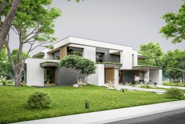 Park yeri ve havuzu satılık olan üç katlı bir ev. Ya da beton dış görünüş ve güzel peyzaj ile kiralanmış. Bulutlu beyaz gökyüzü bulutlu, yumuşak gölgeler