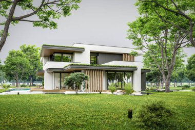 Park yeri ve havuzu satılık olan üç katlı bir ev. Ya da beton dış görünüş ve güzel peyzaj ile kiralanmış. Bulutlu beyaz gökyüzü bulutlu, yumuşak gölgeler