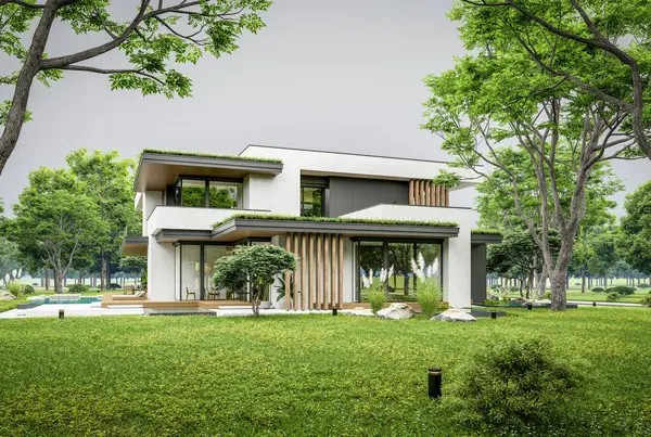 Park yeri ve havuzu satılık olan üç katlı bir ev. Ya da beton dış görünüş ve güzel peyzaj ile kiralanmış. Bulutlu beyaz gökyüzü bulutlu, yumuşak gölgeler
